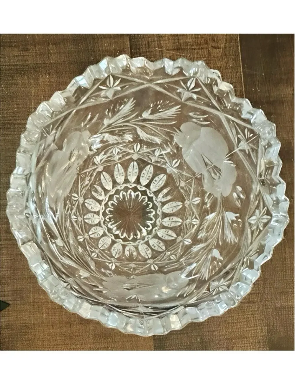 Vintage Crystal Cut Glass Vase with Floral Etching - 7.5 Inches Tall